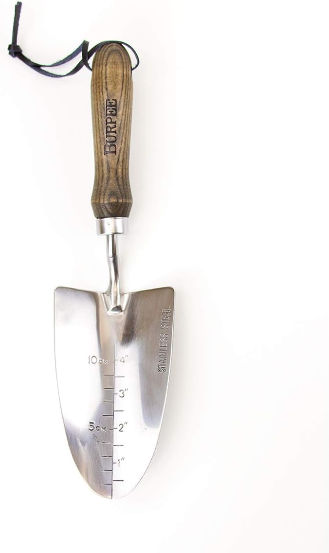 Burpee 13" Stainless Steel Trowel Durable Long Lasting Garden Tool Leather Wrist Strap 5" Handle, 10 Year Warranty, Oak