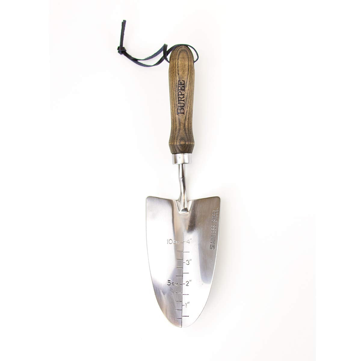 Burpee 13" Stainless Steel Trowel Durable Long Lasting Garden Tool Leather Wrist Strap 5" Handle, 10 Year Warranty, Oak
