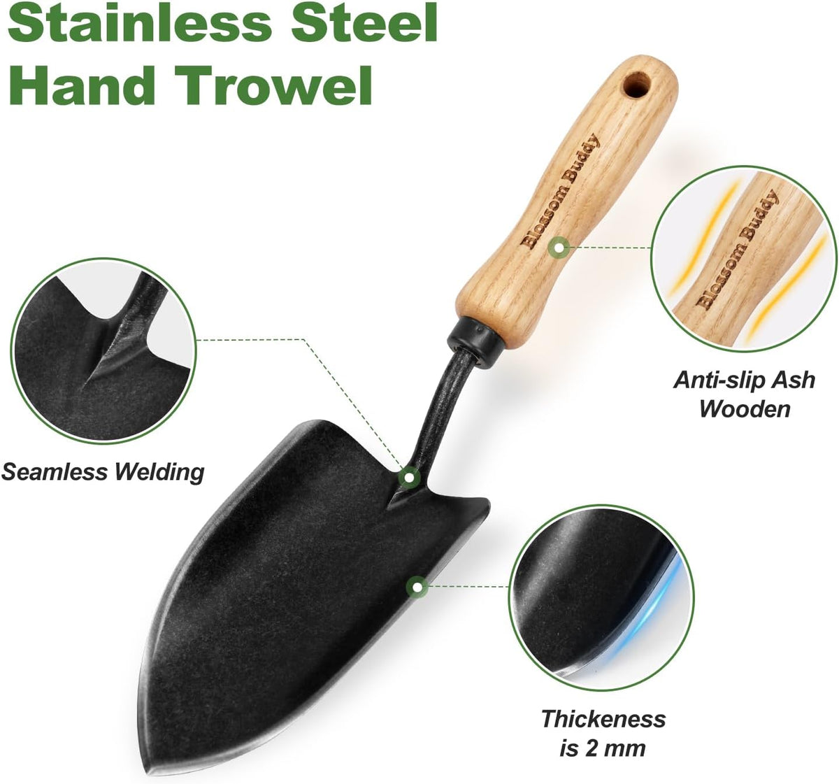 Garden Hand Trowel, Stainless Steel Planting Shovel with Wooden Handle