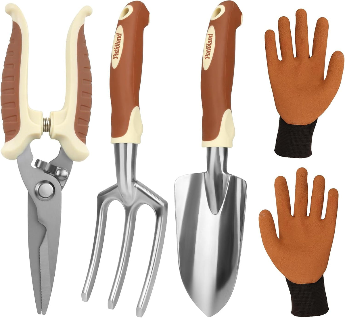 Brown Garden Tool Set 4-Piece, Trowel, Fork, Pruning Shear&Gloves