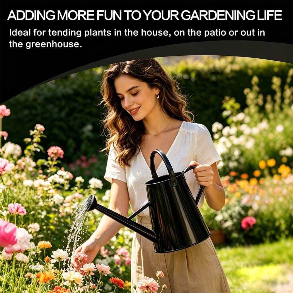 1.5 Gallon Metal Watering Can for Outdoor Plants, Large Watering Can, Black