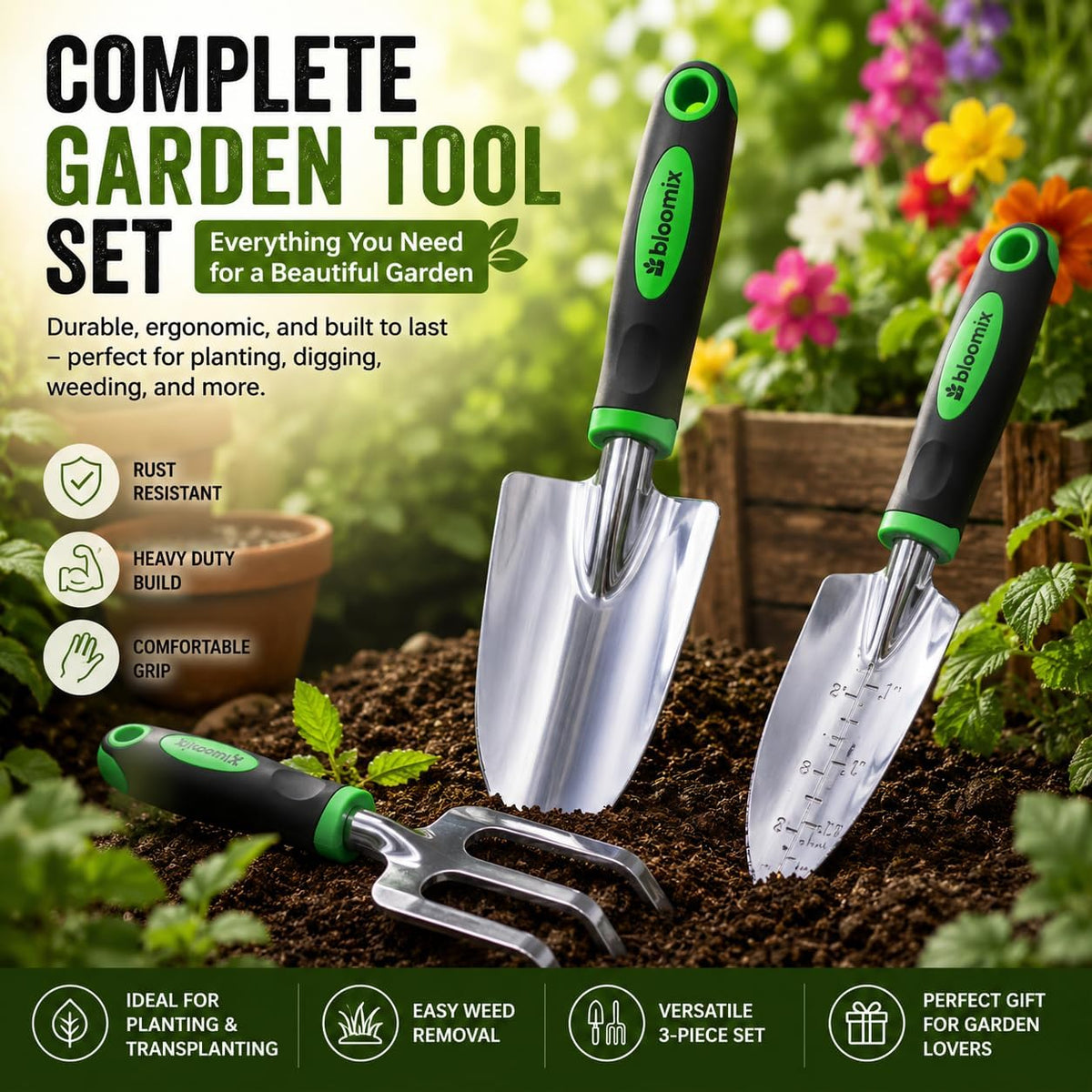 Bloomix 3 pcs Stainless Steel Gardening Tool Set – Hand Cultivator, Transplanter & Trowel with Soft‑Grip Ergonomic Handles – Durable Garden Kit for Digging, Planting and Soil Care