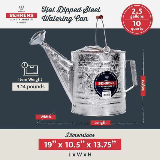 Behrens Weatherproof Hot Dipped Galvanized Steel Watering Can with Wooden Handle and Side Handle for Watering Flowers and Gardens, Gray.