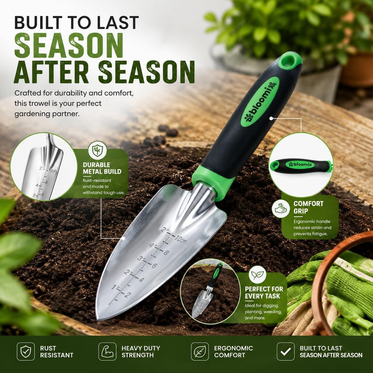Bloomix 3 pcs Stainless Steel Gardening Tool Set – Hand Cultivator, Transplanter & Trowel with Soft‑Grip Ergonomic Handles – Durable Garden Kit for Digging, Planting and Soil Care