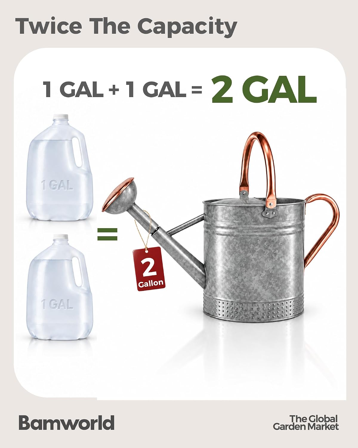 Bamworld Outdoor Watering Can Dual Handle Removable Nozzle 2 Gallon Silver
