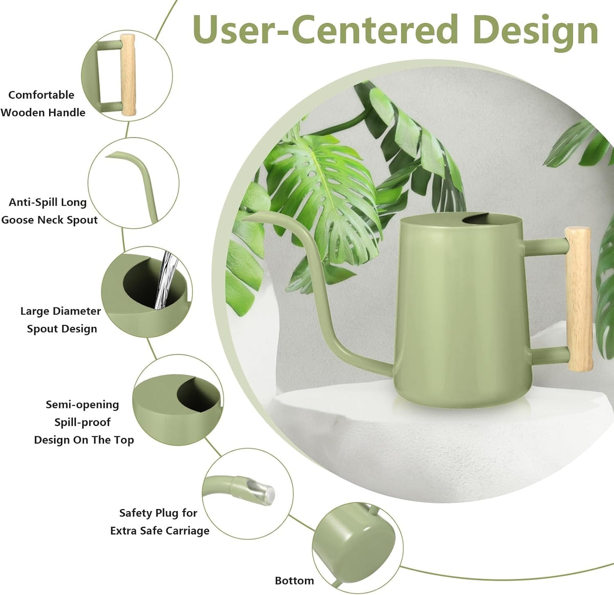 Watering Can Indoor Plants, 35oz Small Indoor Stainless Steel Metal Watering Can Modern Decorative Watering Pot with Long Spout for Indoor House Plant Bonsai Garden Flowers (Sage Green)