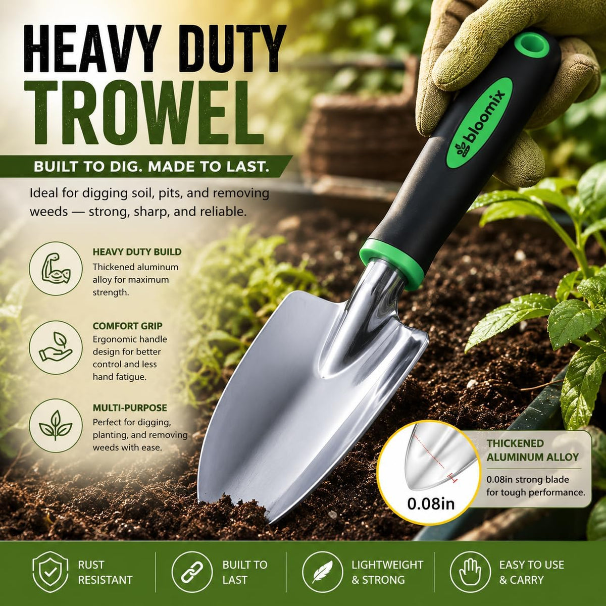 Bloomix 3 pcs Stainless Steel Gardening Tool Set – Hand Cultivator, Transplanter & Trowel with Soft‑Grip Ergonomic Handles – Durable Garden Kit for Digging, Planting and Soil Care