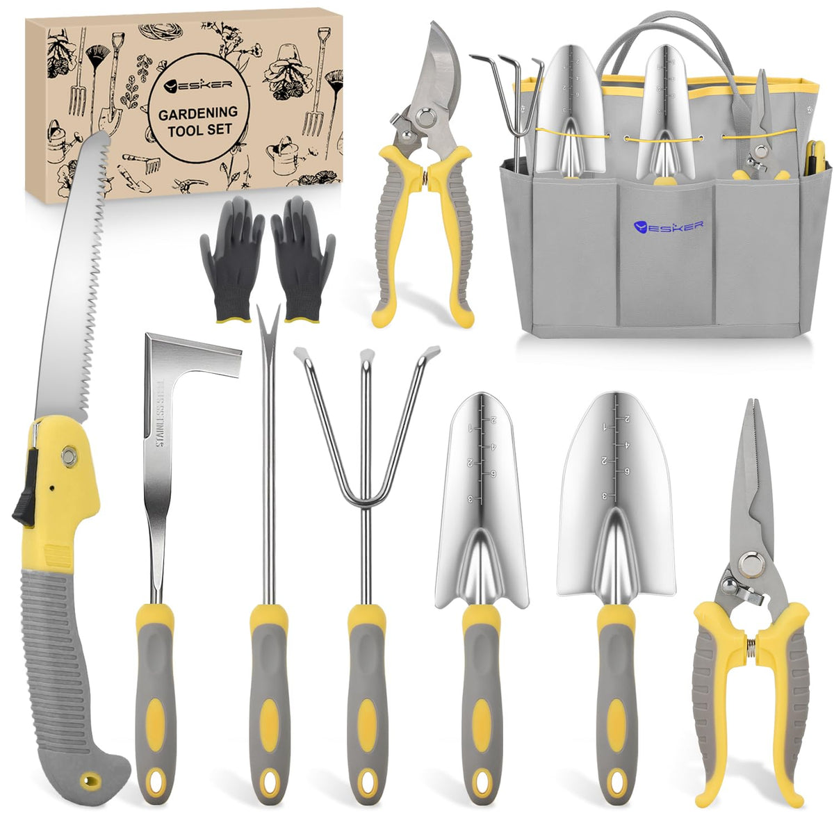 Yesker Gardening Tools 9-Piece Heavy Duty Garden Tool Set Gardening Supplies Gifts for Women Men Gardening Hand Tool Kit with Non-Slip Ergonomic Handle, Garden Bag, Durable Gloves and Shears, Orange