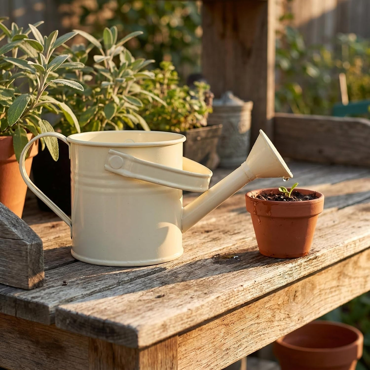 KALLORY 4Pcs Beige Metal Watering Can Set, Small Indoor Plant Watering Can