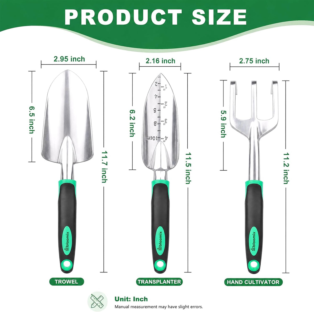 Bloomix 3 pcs Stainless Steel Gardening Tool Set – Hand Cultivator, Transplanter & Trowel with Soft‑Grip Ergonomic Handles – Durable Garden Kit for Digging, Planting and Soil Care