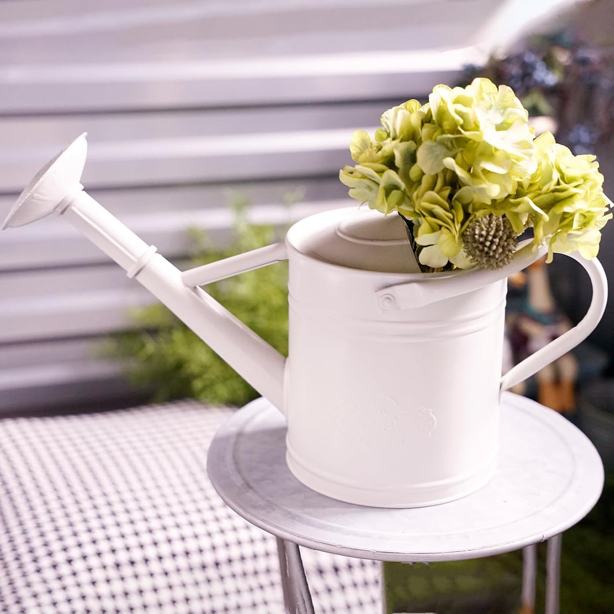 1 Gallon White Metal Watering Can with Removable Watering Rose
