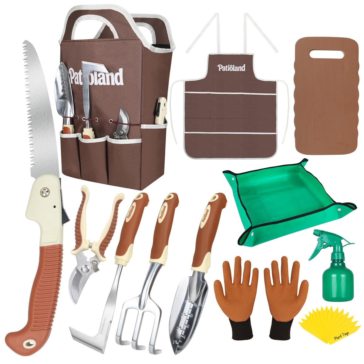 Brown Garden Tool Set 4-Piece, Trowel, Fork, Pruning Shear&Gloves
