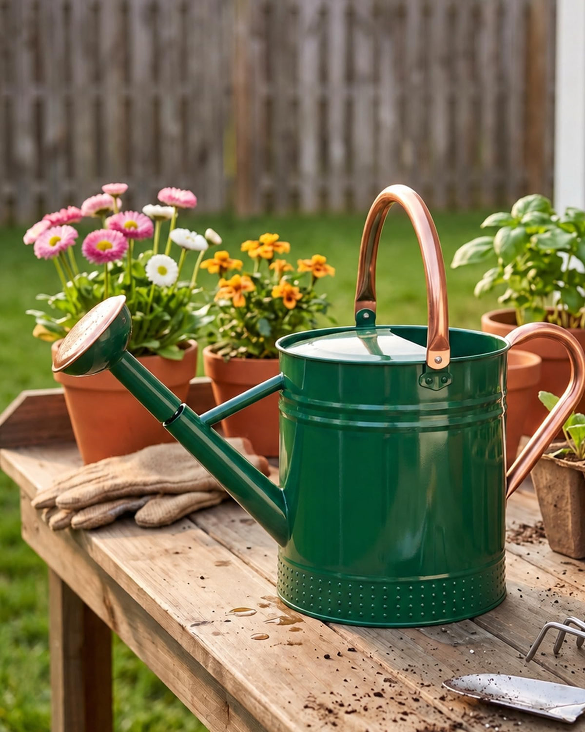 Bamworld Outdoor Watering Can Dual Handle Removable Nozzle 2 Gallon Silver