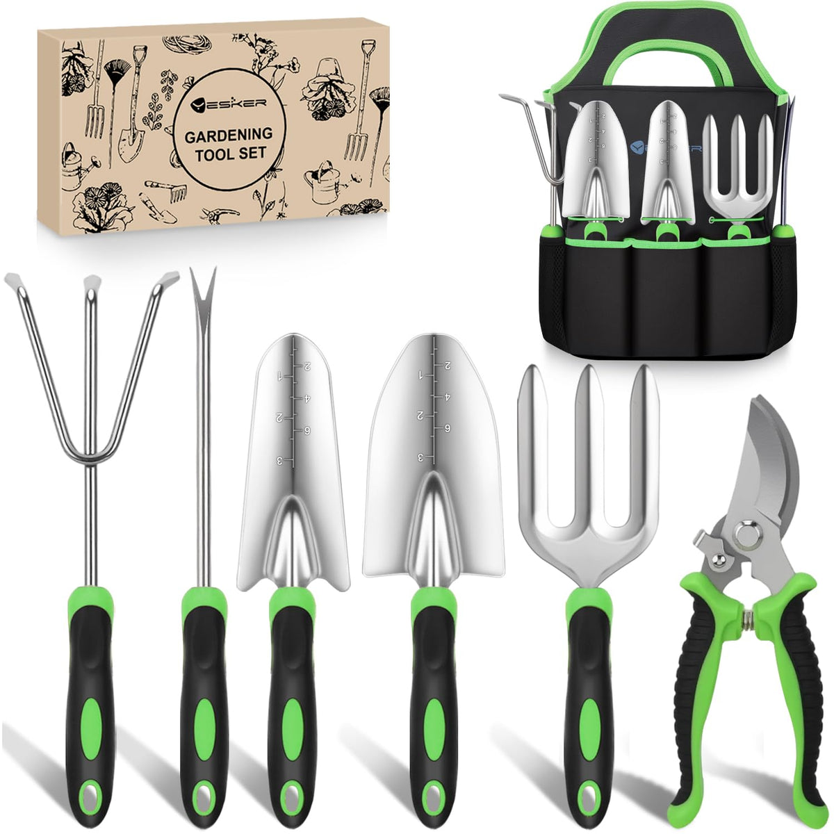 Yesker Gardening Tools 9-Piece Heavy Duty Garden Tool Set Gardening Supplies Gifts for Women Men Gardening Hand Tool Kit with Non-Slip Ergonomic Handle, Garden Bag, Durable Gloves and Shears, Orange