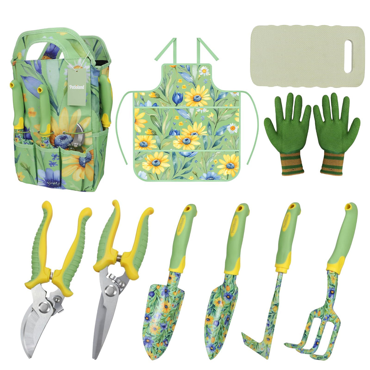 Brown Garden Tool Set 4-Piece, Trowel, Fork, Pruning Shear&Gloves