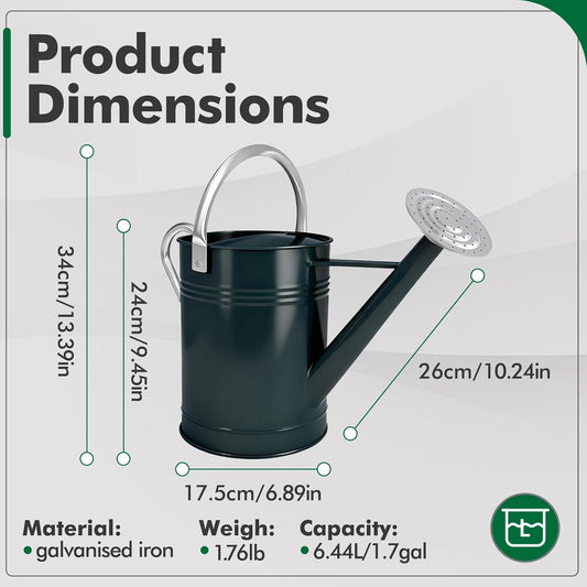 Galvanized Iron Watering Can for Indoor Plants, DIY Watering Cans for House Plant Garden Flower, Long Spout Water Can for Outdoor Watering Plants 6.44L 1.7Gallon (Dark Green)