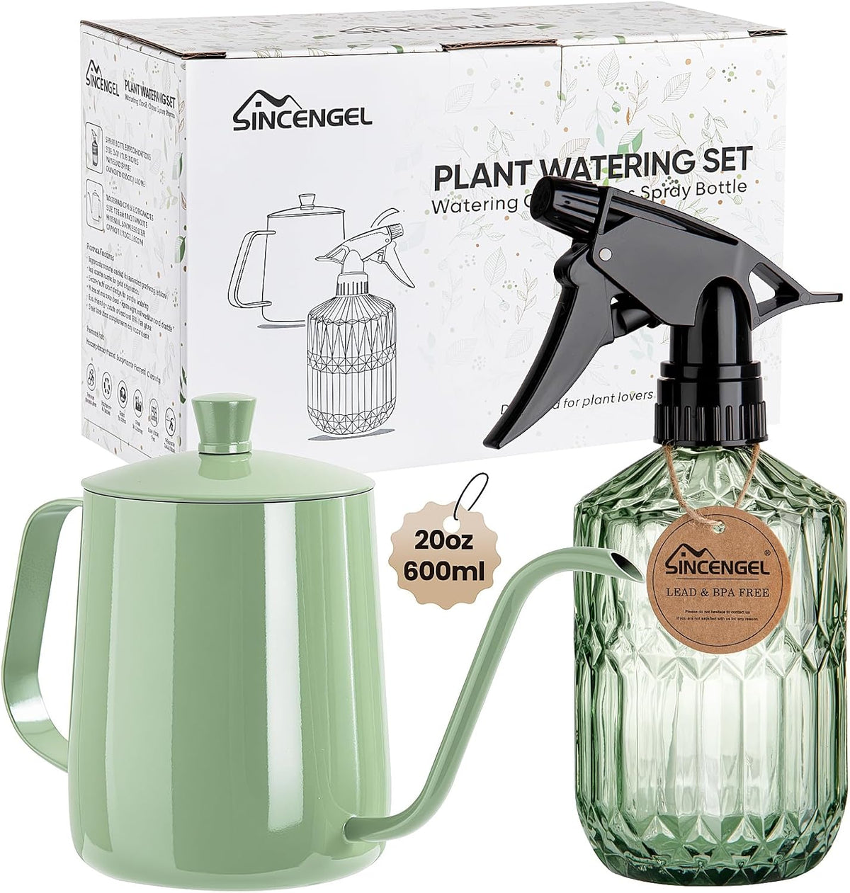 Watering Can for Indoor Plants, 20 oz Metal Small Plant Watering Can with Long Spout for House Plants, 13.5 oz Glass Plant Mister Spray Bottle for Bonsai Garden Flowers Decorative (Green)