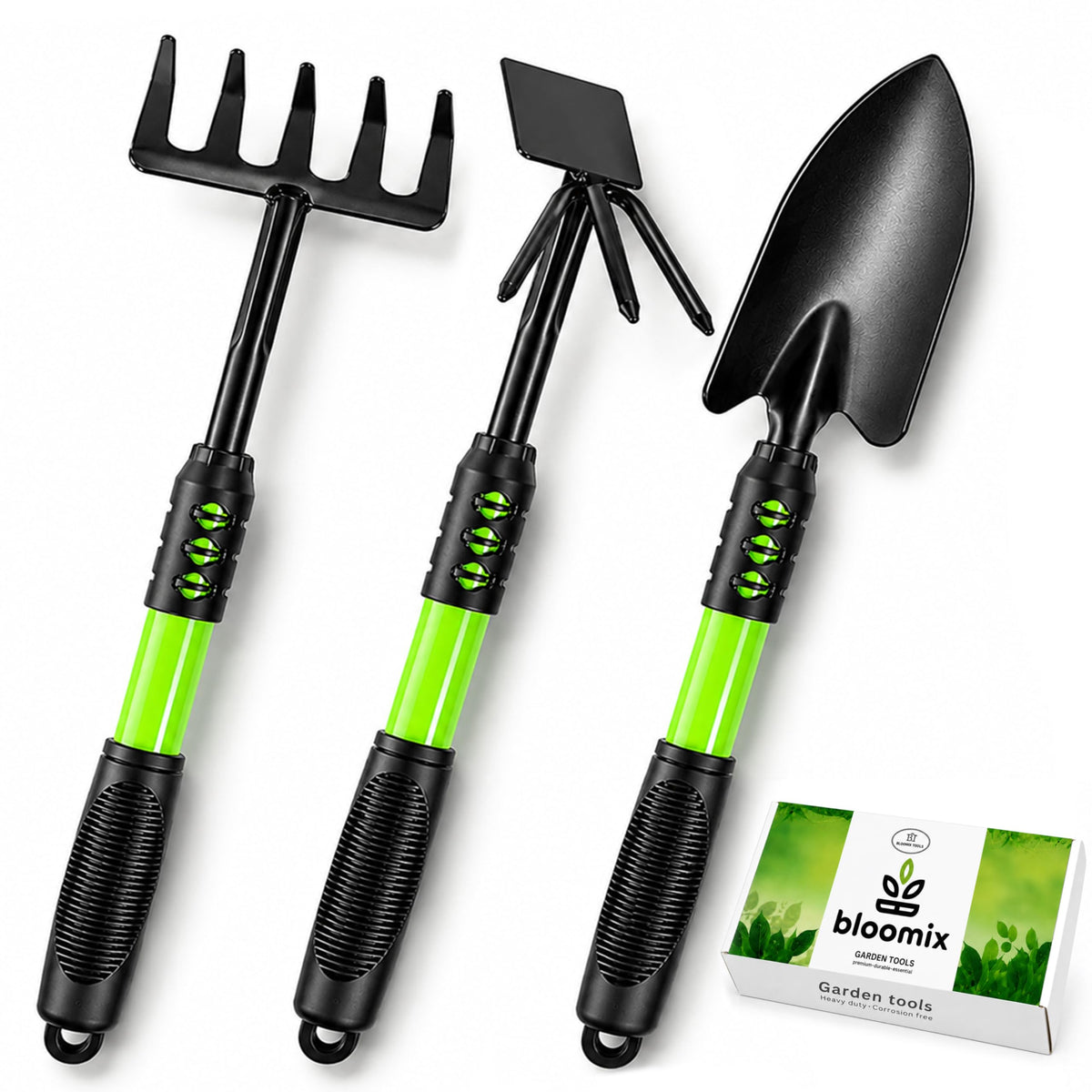 Bloomix 3 pcs Stainless Steel Gardening Tool Set – Hand Cultivator, Transplanter & Trowel with Soft‑Grip Ergonomic Handles – Durable Garden Kit for Digging, Planting and Soil Care