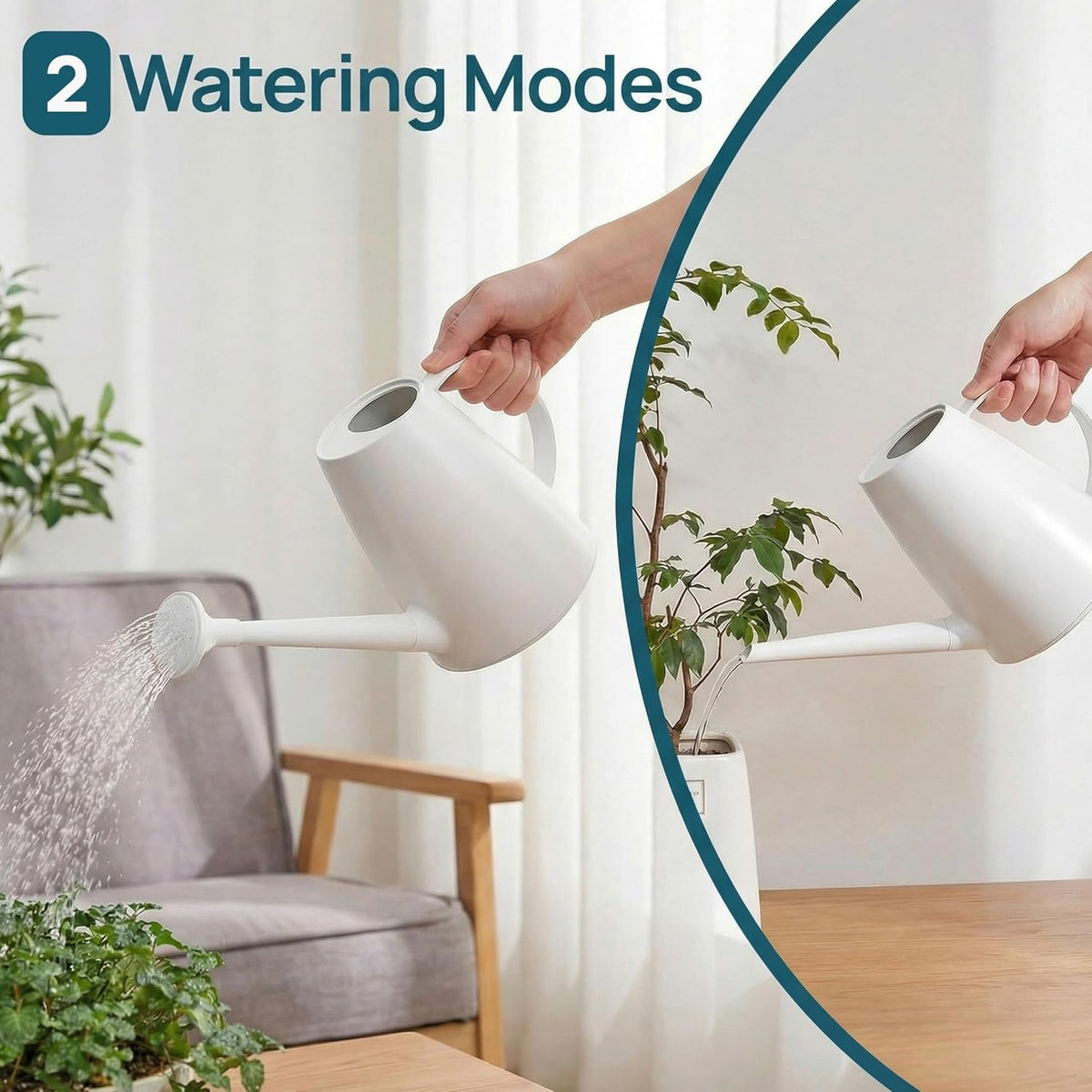 Modern 1.8 Liter Plastic Watering Can with Detachable Spout and Sprinkler Head, Designed for Controlled Pouring and Easy Handling, White