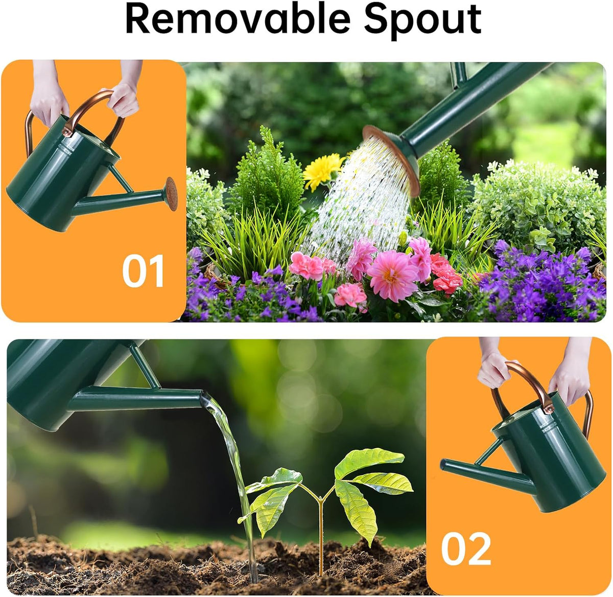 Metal Watering Can for Outdoor Plants, 1 Gallon Galvanized Steel Watering Can with Removable spout for Outdoor & Indoor Use, Perfect for Garden Flower, Houseplants, Forest Green