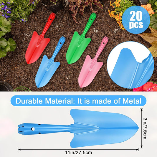 20 Pack Mini Colorful Metal Hand Shovel Digging Trowel Set Transplanting Garden Shovel for Flower Soil Planting Succulent Women Men Gift Indoor Outdoor, 4 Colors Gardening Tools 11 x 3 Inch