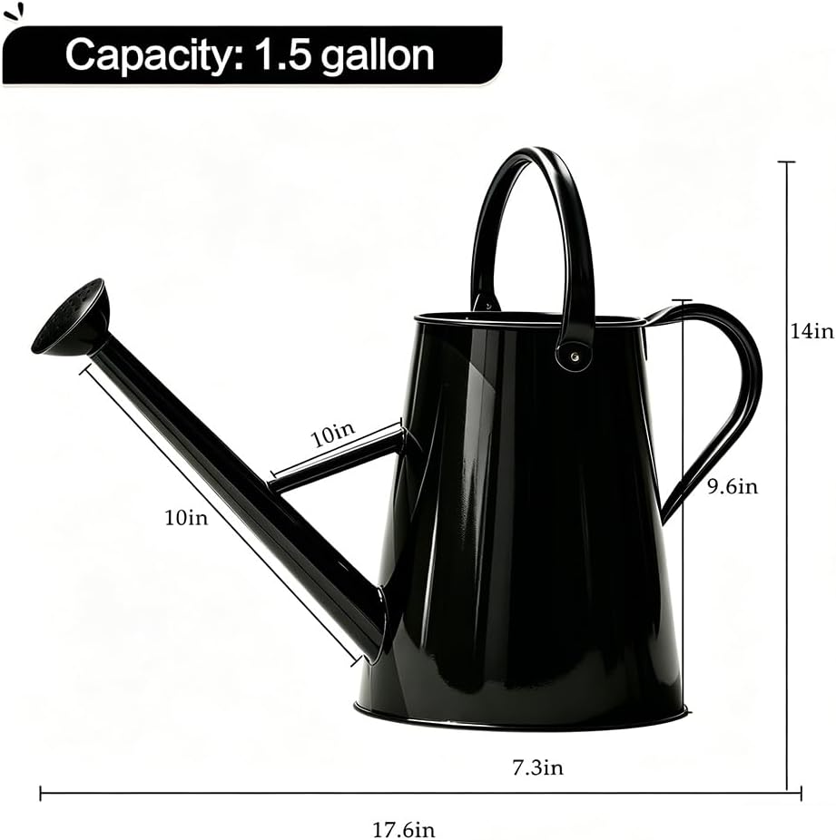 1.5 Gallon Metal Watering Can for Outdoor Plants, Large Watering Can, Black