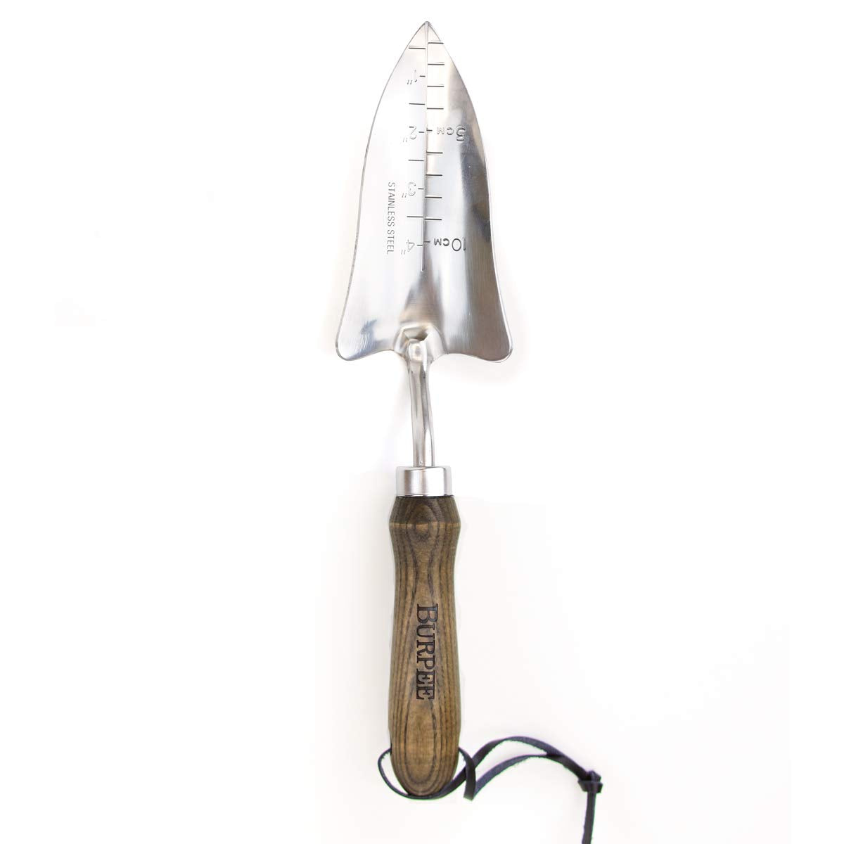 Burpee 13" Stainless Steel Trowel Durable Long Lasting Garden Tool Leather Wrist Strap 5" Handle, 10 Year Warranty, Oak