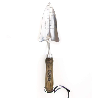 Burpee 13" Stainless Steel Trowel Durable Long Lasting Garden Tool Leather Wrist Strap 5" Handle, 10 Year Warranty, Oak