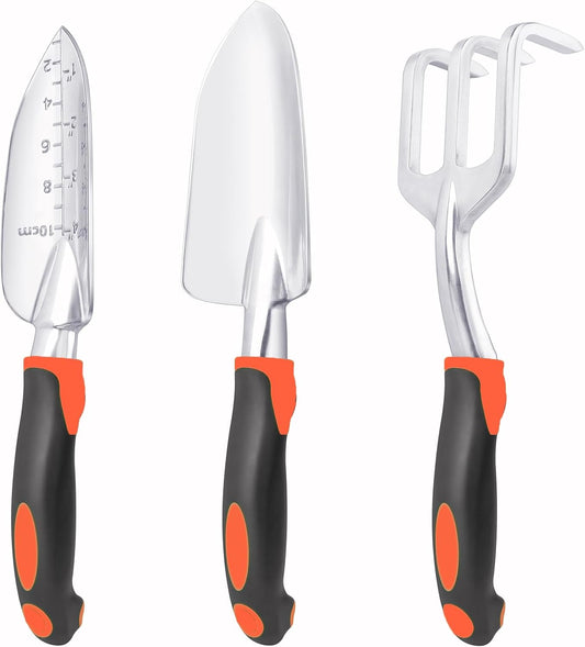 Garden Tools Set, 3 Pack Heavy Duty Gardening Tools Set Include Garden Shovel, Transplant Trowel and Hand Rake with Ergonomic Handle, Aluminum Alloy Lawn for Planting, Orange
