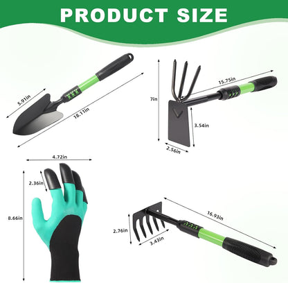 Garden Tools Set, 4 Pack Gardening Tools, Stainless Steel Heavy Duty Hand Cultivator, Hoes, Spade Shovel, for Planting Weeding Digging, Gardening Gifts for Women, Green