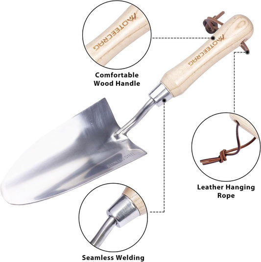 Heavy Duty Garden Trowel Stainless Steel Hand Shovel with Comfortable Grip Wood Handle for Digging, Weeding and Transplanting
