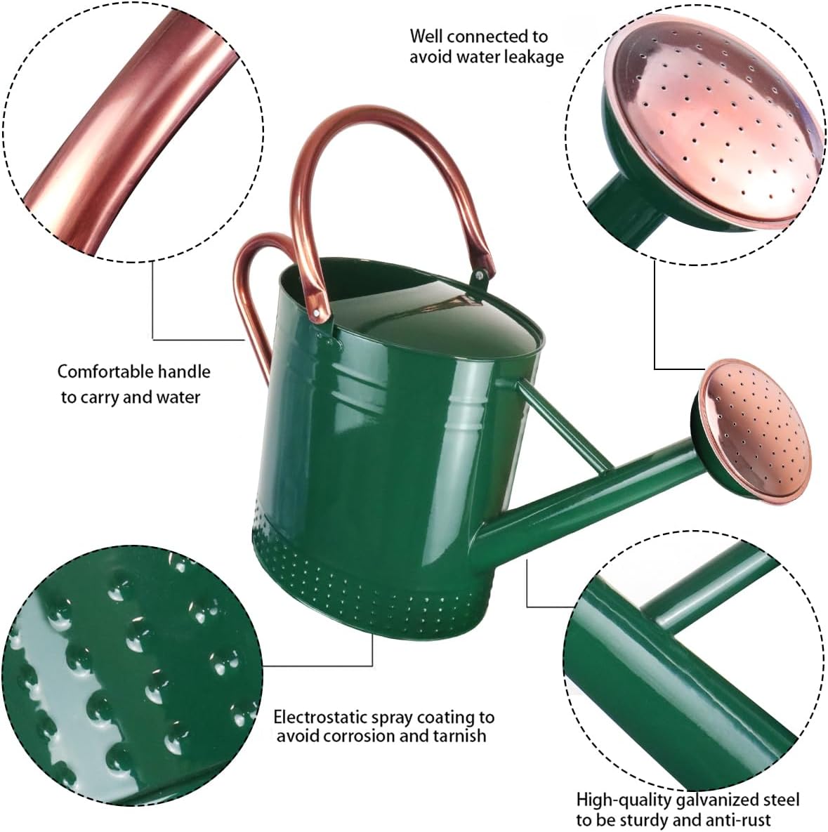 2 Gallon Meltal Garden Watering Can Removable Spout, Galvanized Steel Large Water Can with Embossed Design for Outdoor Indoor Plants (Green, 2 Gallon)