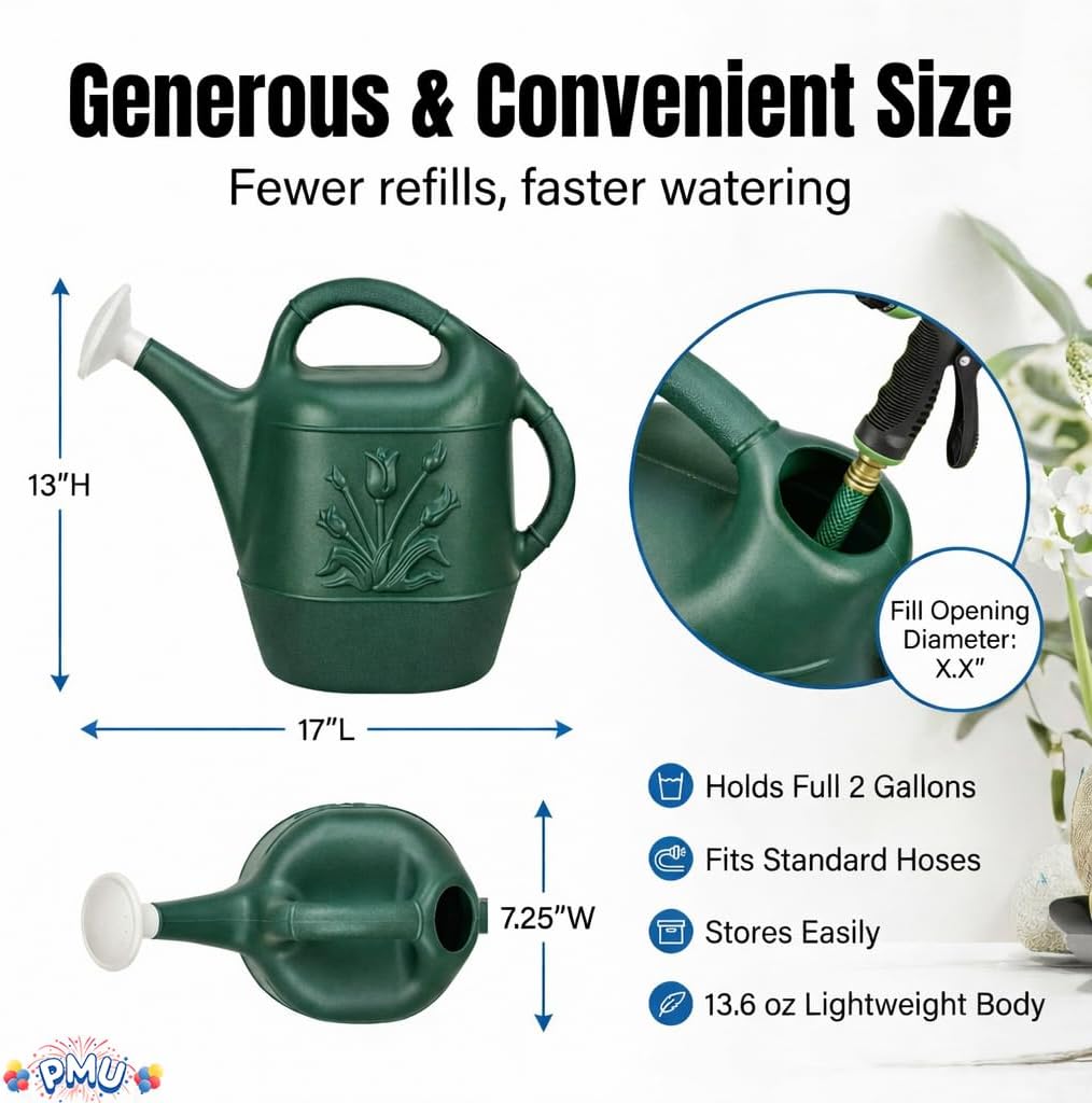 PMU 2 Gallon Watering Can - Garden Watering Can for Indoor & Outdoor Plants - Plastic Water Can with Detachable Sprinkler Head - Large Water Pot, Made in USA - Hunter Green Pkg/1