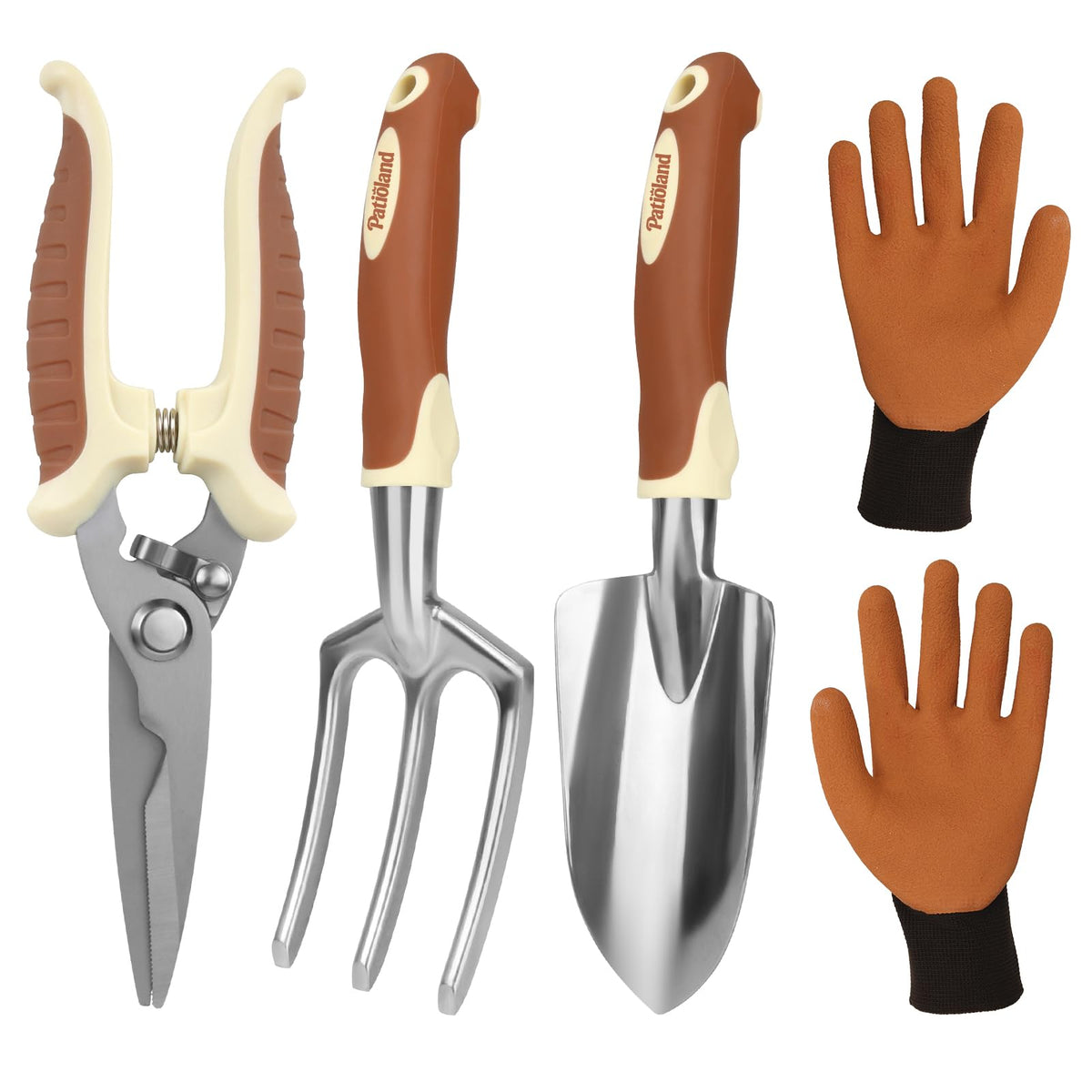 Brown Garden Tool Set 4-Piece, Trowel, Fork, Pruning Shear&Gloves