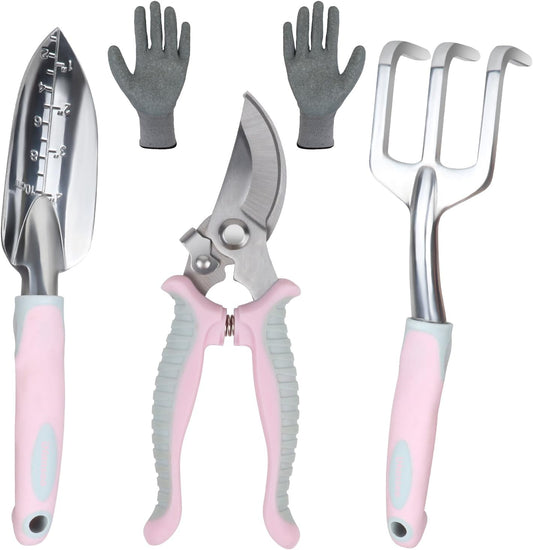 Pink Garden Tool Sets 4-Piece, Aluminum Gardening Hand Tool Kit