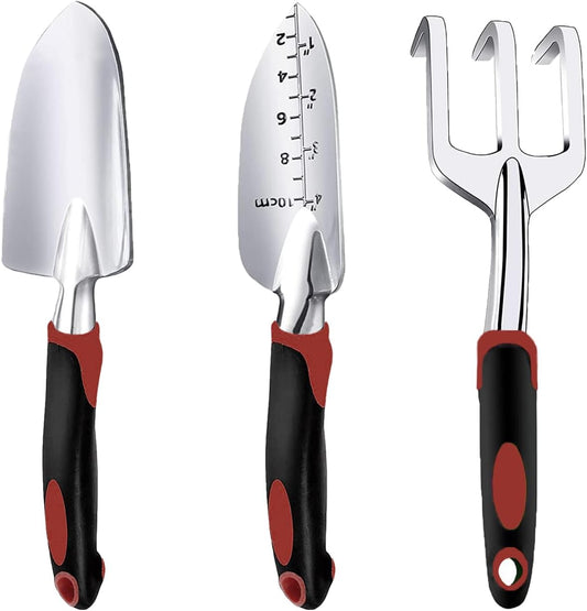 Garden Tool Set, 3 Piece Gardening Tools Includes Garden Trowel, Transplant Trowel and Hand Rake with Non-Slip Ergonomic Handle, Heavy Duty Garden Kit for Planting, Garden Gifts, Red