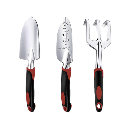 Garden Tool Set, 3 Piece Gardening Tools Includes Garden Trowel, Transplant Trowel and Hand Rake with Non-Slip Ergonomic Handle, Heavy Duty Garden Kit for Planting, Garden Gifts, Red