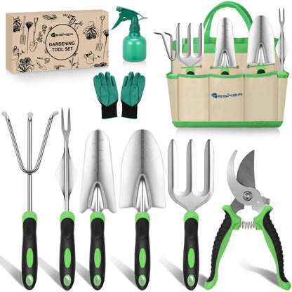 Yesker Gardening Tools 9-Piece Heavy Duty Garden Tool Set Gardening Supplies Gifts for Women Men Gardening Hand Tool Kit with Non-Slip Ergonomic Handle, Garden Bag, Durable Gloves and Shears, Orange