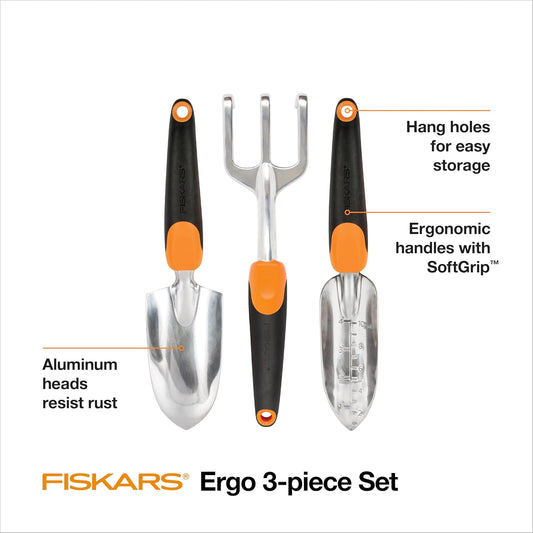 Fiskars 3-Piece Garden Hand Tools Set w/Trowel, Transplanter & Cultivator