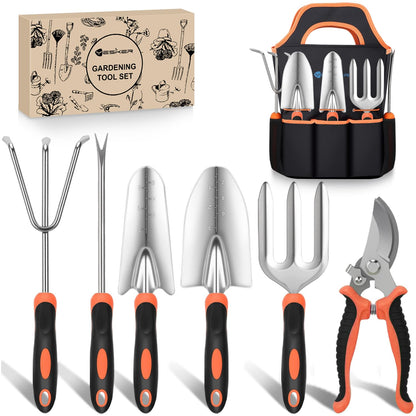 Yesker Gardening Tools 9-Piece Heavy Duty Garden Tool Set Gardening Supplies Gifts for Women Men Gardening Hand Tool Kit with Non-Slip Ergonomic Handle, Garden Bag, Durable Gloves and Shears, Orange