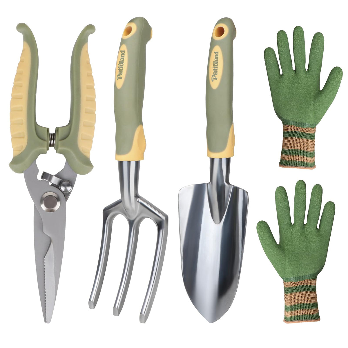 Brown Garden Tool Set 4-Piece, Trowel, Fork, Pruning Shear&Gloves