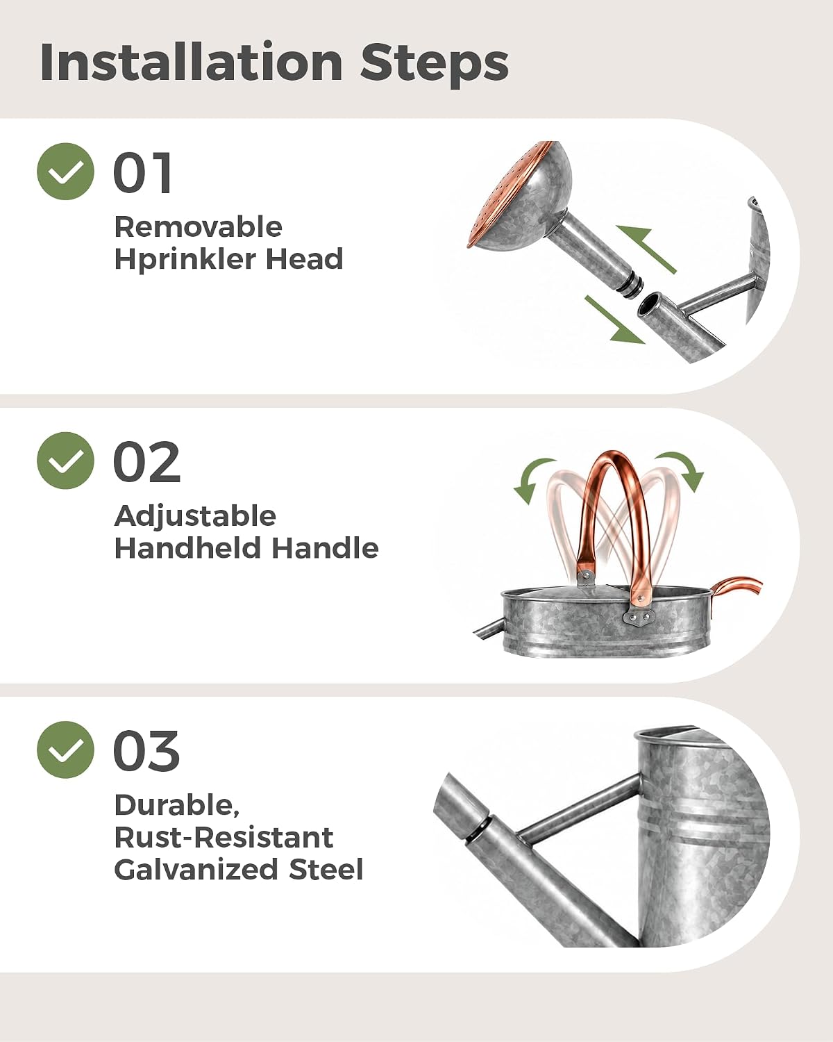 Bamworld Outdoor Watering Can Dual Handle Removable Nozzle 2 Gallon Silver