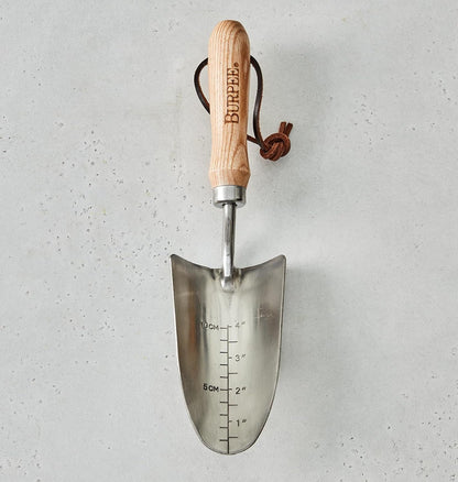 Burpee 13" Stainless Steel Trowel Durable Long Lasting Garden Tool Leather Wrist Strap 5" Handle, 10 Year Warranty, Oak