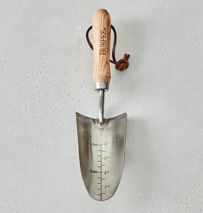 Burpee 13" Stainless Steel Trowel Durable Long Lasting Garden Tool Leather Wrist Strap 5" Handle, 10 Year Warranty, Oak