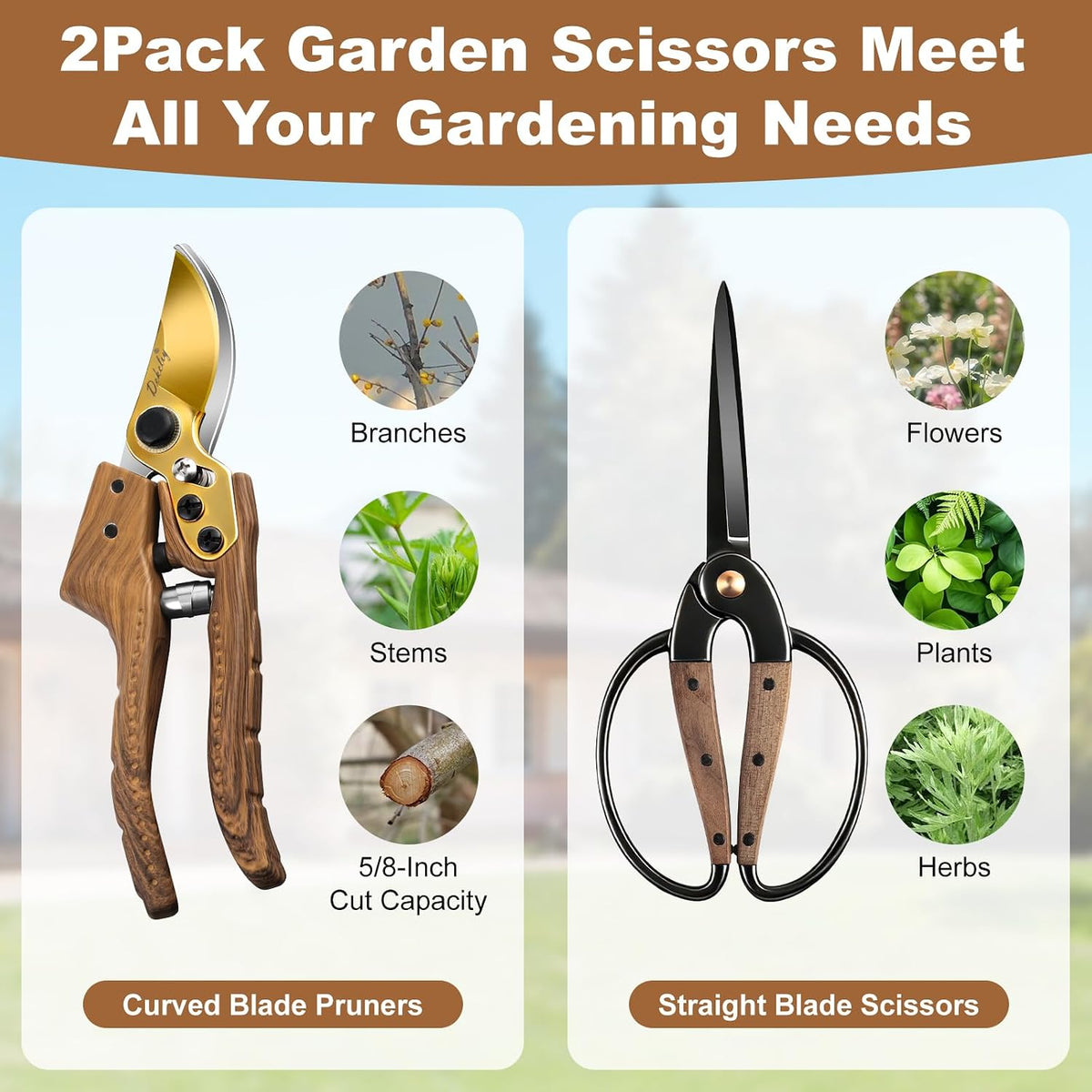 2Pack Garden Pruning Shears Set: Ultra Sharp SK5 Blade Gardening Shears & Precision Garden Scissors,Wood Like&Wide Walnut Ergonomic Handle,Perfect for Plant,Bonsai,Shrub,floral,Branch Trimming