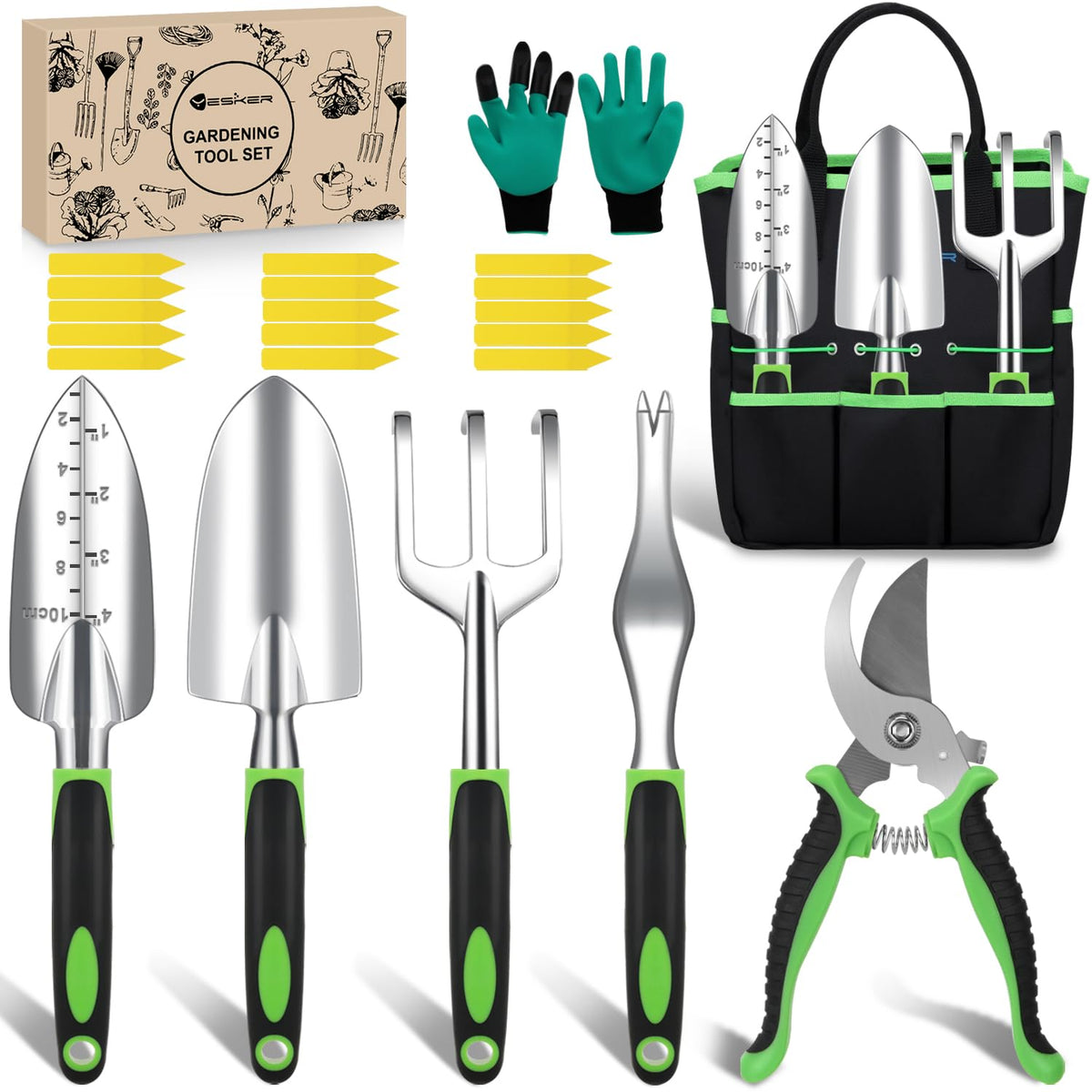 Yesker Gardening Tools 9-Piece Heavy Duty Garden Tool Set Gardening Supplies Gifts for Women Men Gardening Hand Tool Kit with Non-Slip Ergonomic Handle, Garden Bag, Durable Gloves and Shears, Orange