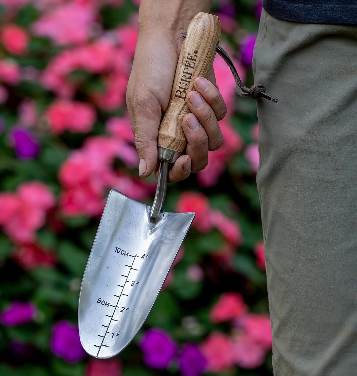 Burpee 13" Stainless Steel Trowel Durable Long Lasting Garden Tool Leather Wrist Strap 5" Handle, 10 Year Warranty, Oak