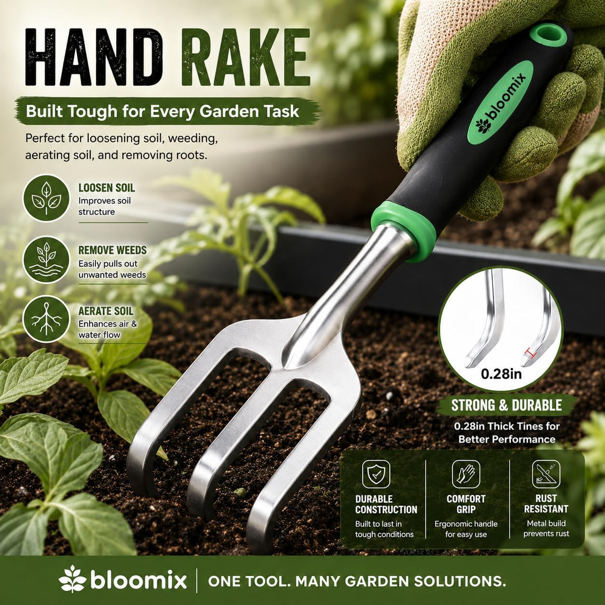 Bloomix 3 pcs Stainless Steel Gardening Tool Set – Hand Cultivator, Transplanter & Trowel with Soft‑Grip Ergonomic Handles – Durable Garden Kit for Digging, Planting and Soil Care