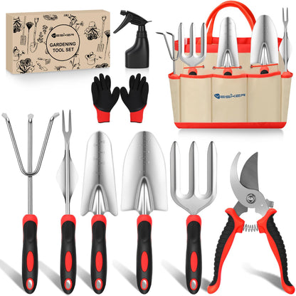 Yesker Gardening Tools 9-Piece Heavy Duty Garden Tool Set Gardening Supplies Gifts for Women Men Gardening Hand Tool Kit with Non-Slip Ergonomic Handle, Garden Bag, Durable Gloves and Shears, Orange
