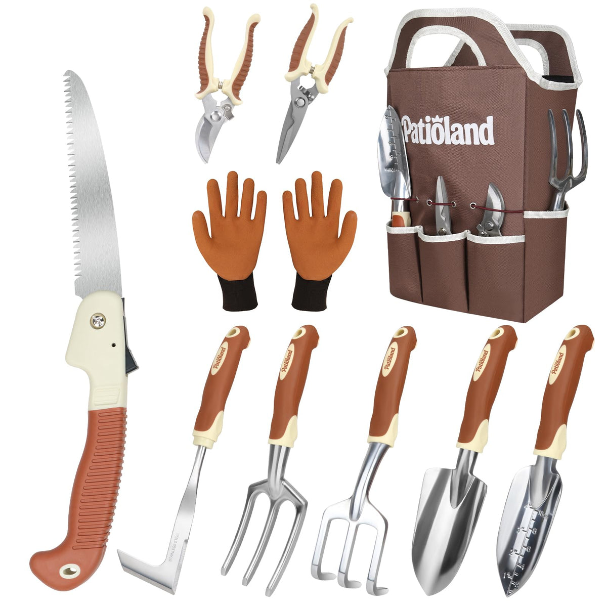 Brown Garden Tool Set 4-Piece, Trowel, Fork, Pruning Shear&Gloves